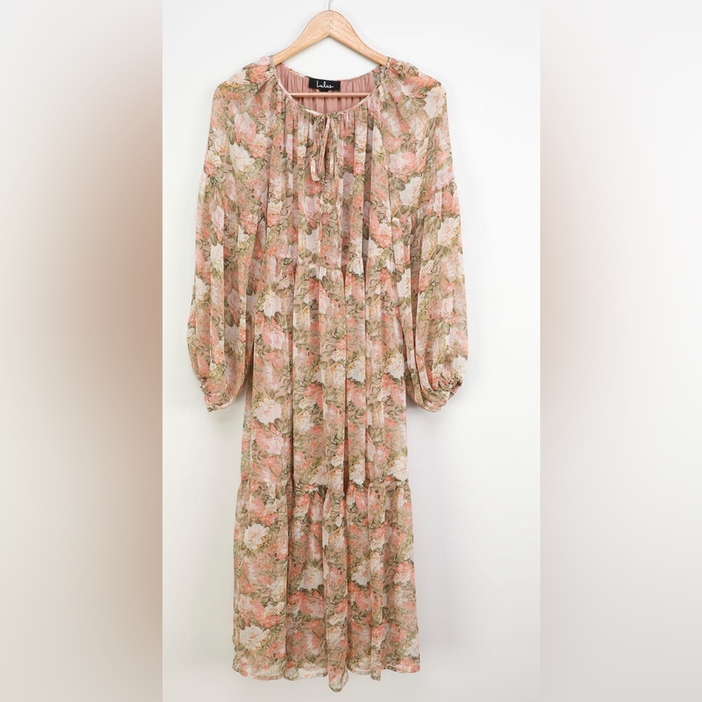 Lulus Women’s Beige Yellow Floral Long Sleeve Maxi Dress Size Large